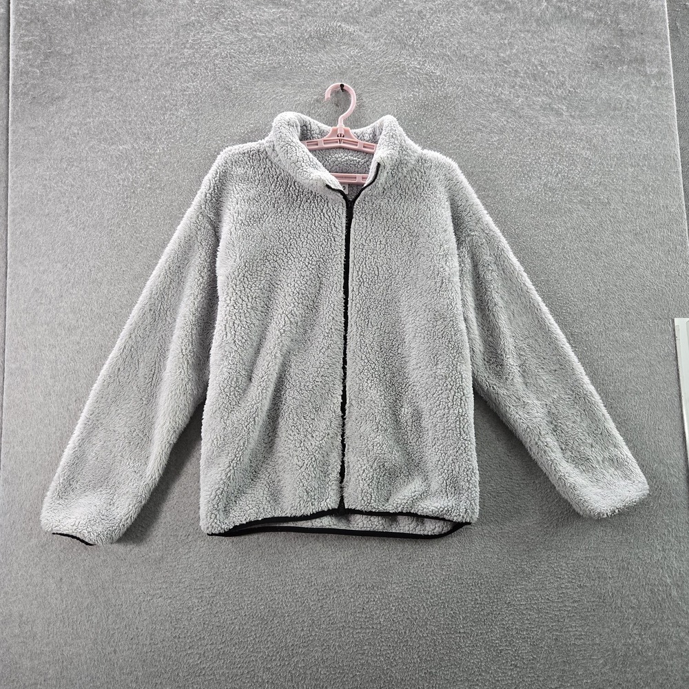 PINK Victoria's Secret Women Jacket L‎ Gray Fleece Sherpa Zipper Long Sleeve